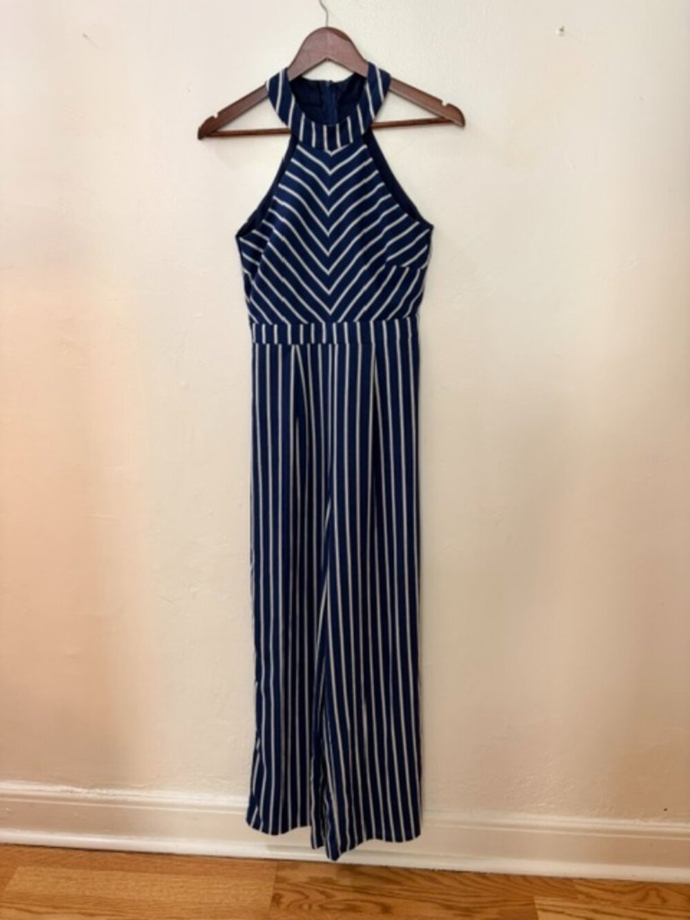Crystal Sky Navy & White Stripe Halter Neck Wide-Leg Jumpsuit – Size 7